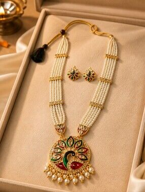 Multi-String Pearl Necklace Set with Green & Red Pheasant Pendant And Earings